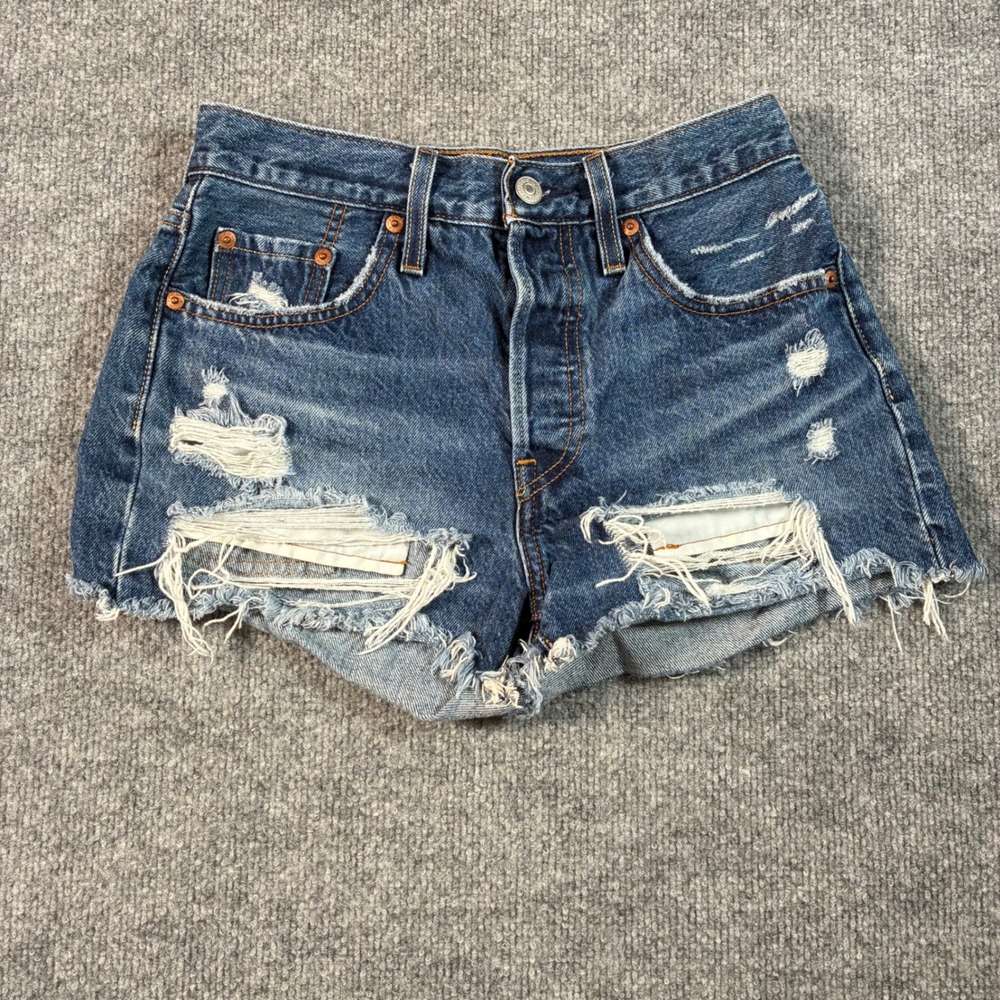 Levi's 501 Original Shorts Womens 25 Blue Distressed Cutoff High Rise Button Fly